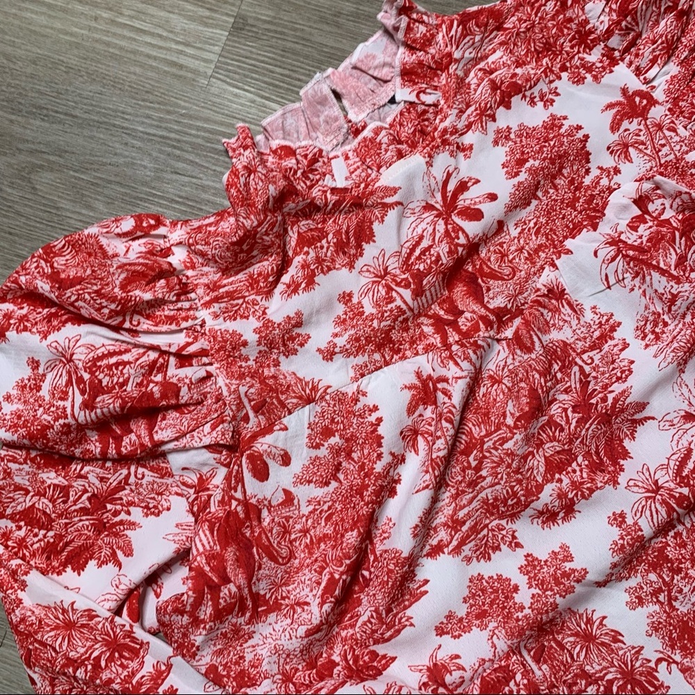 💢SOLD💢 SHEIN Frill Neck Puff Sleeve Landscape Print Belted Dress - Picture 4 of 8